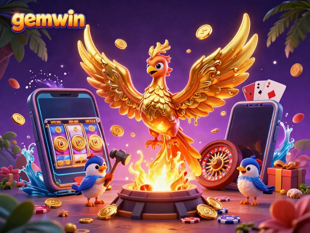 Experience the thrill with gemwin's immersive online gaming, featuring a golden phoenix and lively game elements.