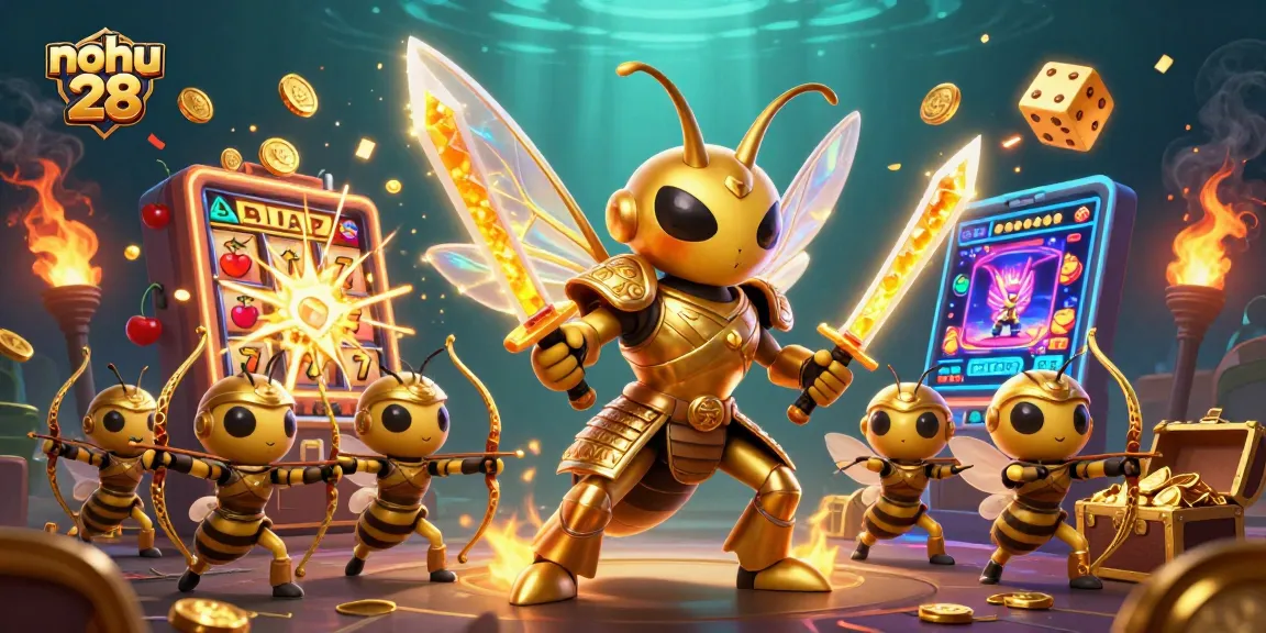 Engage with thrilling nohu 28 slot games showcasing a giant golden hornet amidst a jackpot explosion.