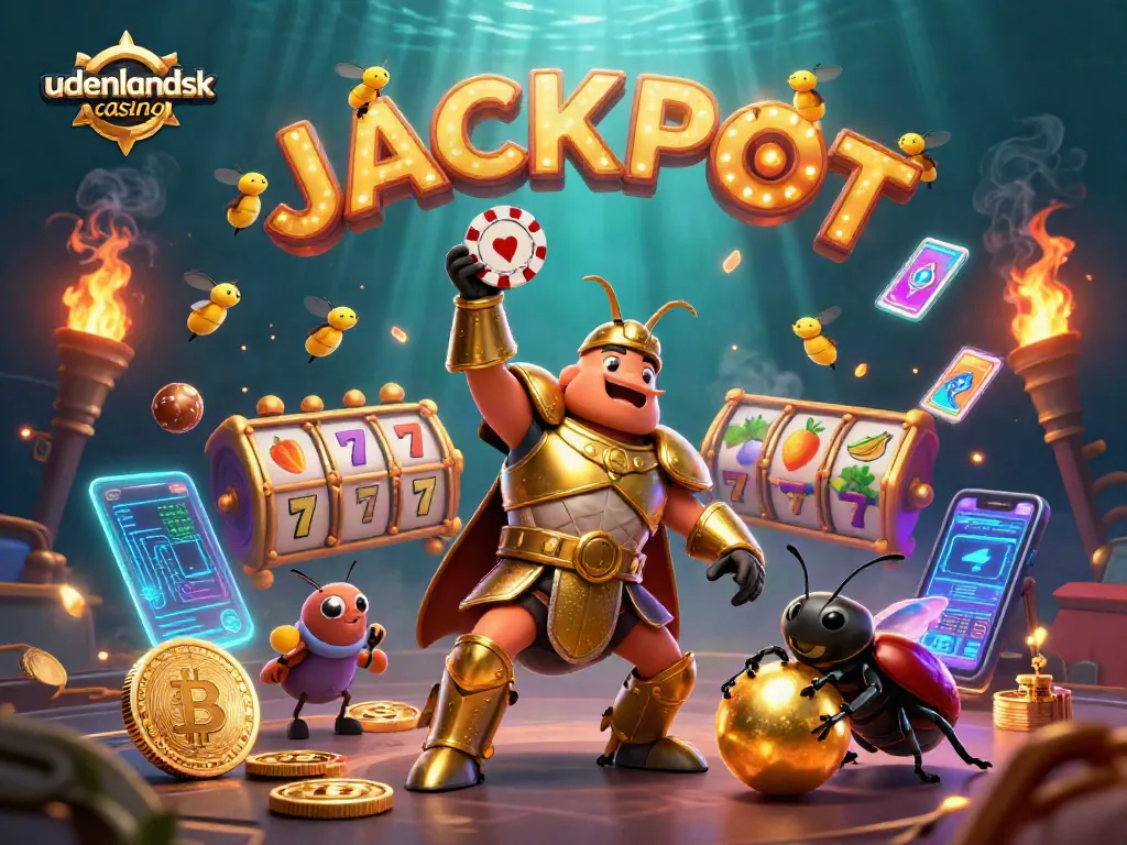 Experience excitement at a udenlandsk casino with golden chips, vibrant slot reels, and animated characters.