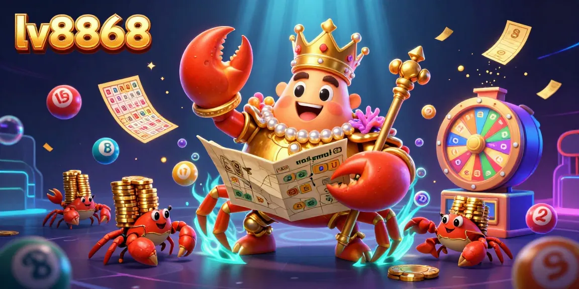 Experience the excitement of lv8868 with a dynamic 3D casino scene featuring a golden crab emperor and lottery action.