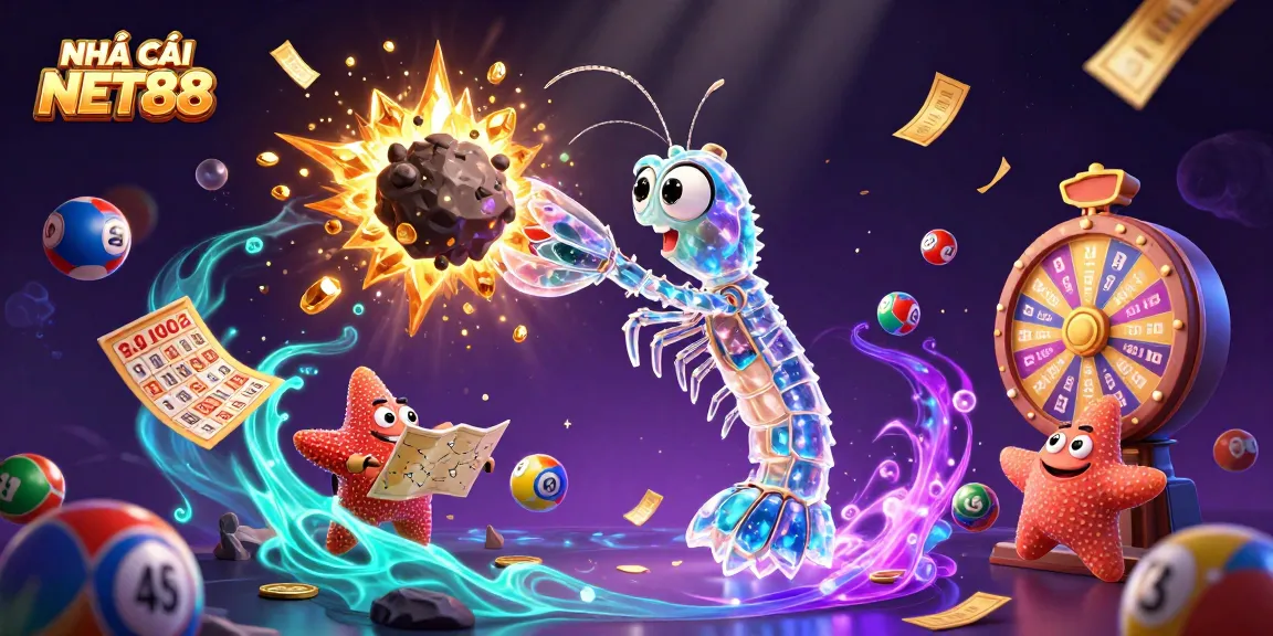 Experience casino action with NHÀ CÁI NET88 in a vibrant 3D illustration of dynamic games and rewards.