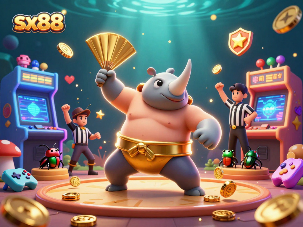 SX88 showcases a thrilling Sumo Beetle Championship surrounded by vibrant arcade elements and gold coins.