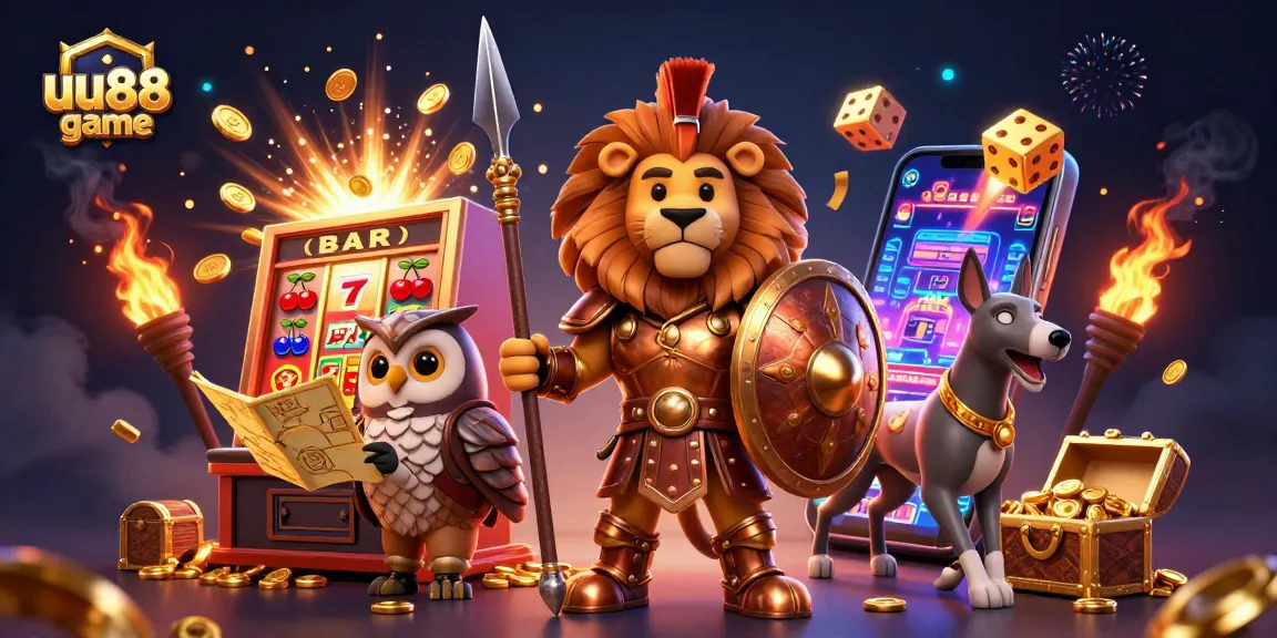 Spin to win with uu88 game in a colorful and dynamic casino-themed illustration.