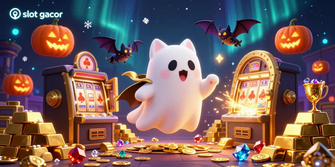 Experience slot gacor magic in a vibrant 3D illustration with a ghost cat and treasures.