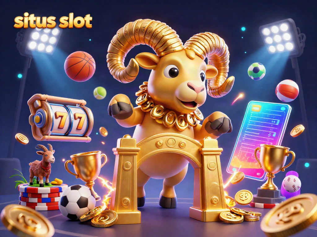 Exciting illustration of situs slot featuring golden ram symbolizing jackpots amidst dynamic gaming elements.