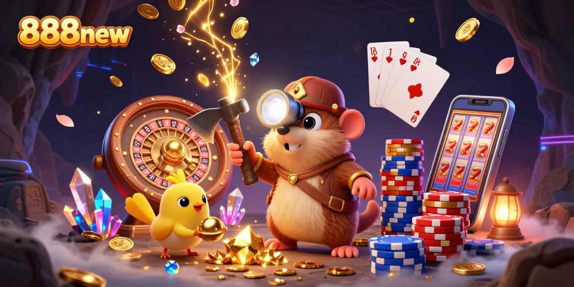Engage with 888new's treasure hunting experience featuring a mole, gems, and abundant casino elements.