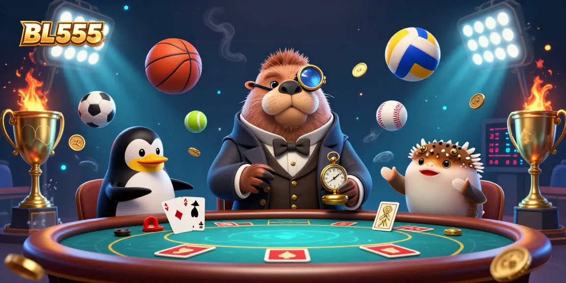 Join the excitement at BL555 with a vibrant underwater poker game featuring a jolly walrus, penguin dealer, and pufferfish.