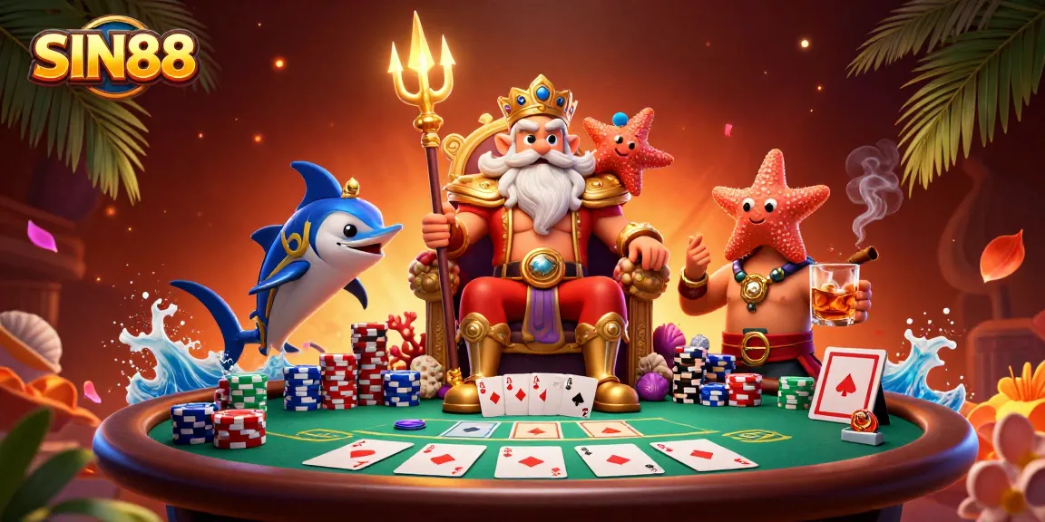 SIN88 engages players with a dynamic poker scene featuring Neptune and vibrant casino elements