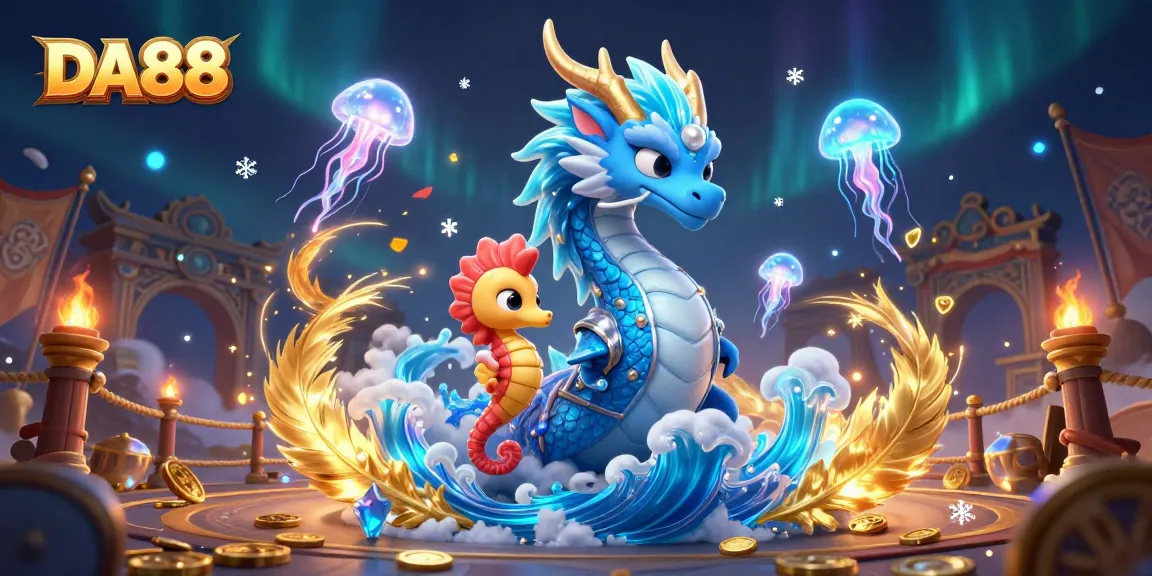 DA88 players engage with an azure water dragon in a vibrant, action-packed casino scene filled with golden betting tokens.