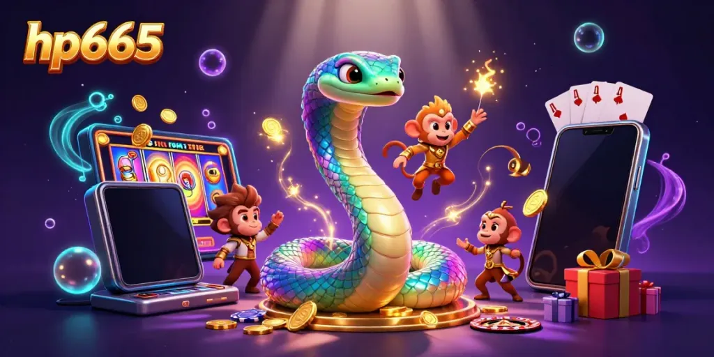 Experience thrilling gameplay with hp665 as a rainbow serpent and monkey king illuminate a colorful casino scene.