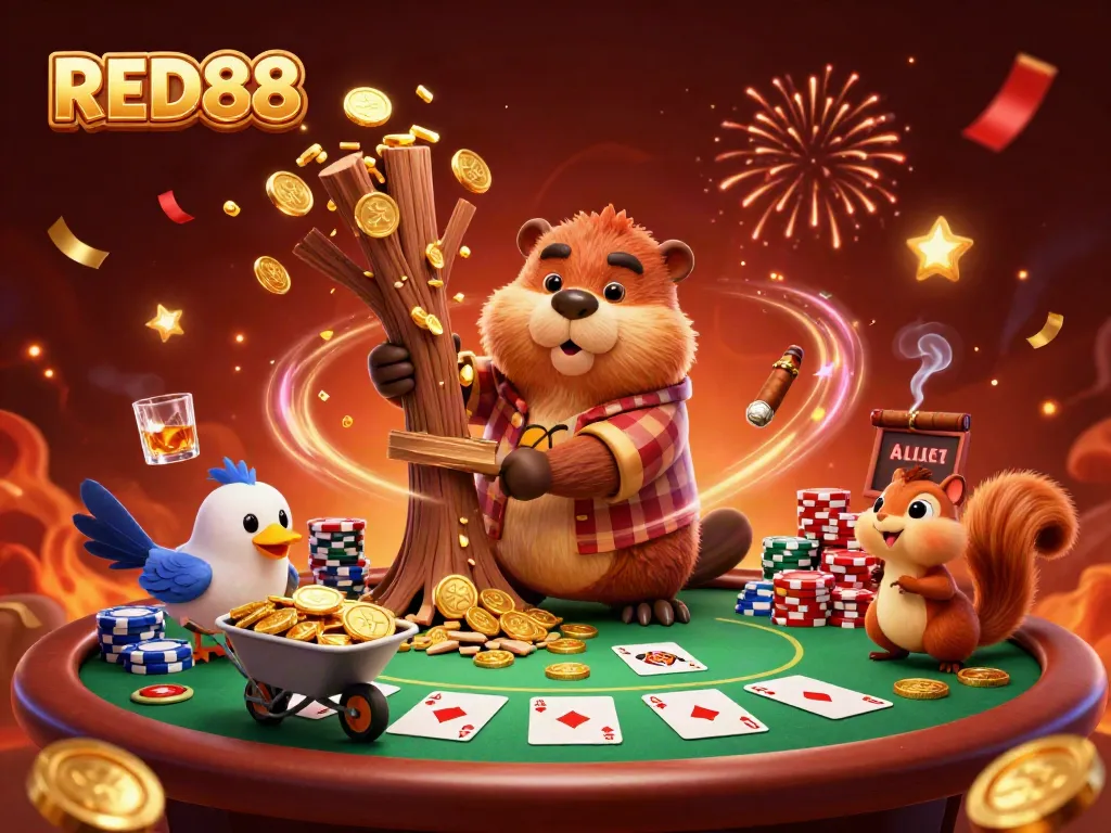 Celebrate wins at RED88 with golden coins raining from a tree, surrounded by lively poker elements.
