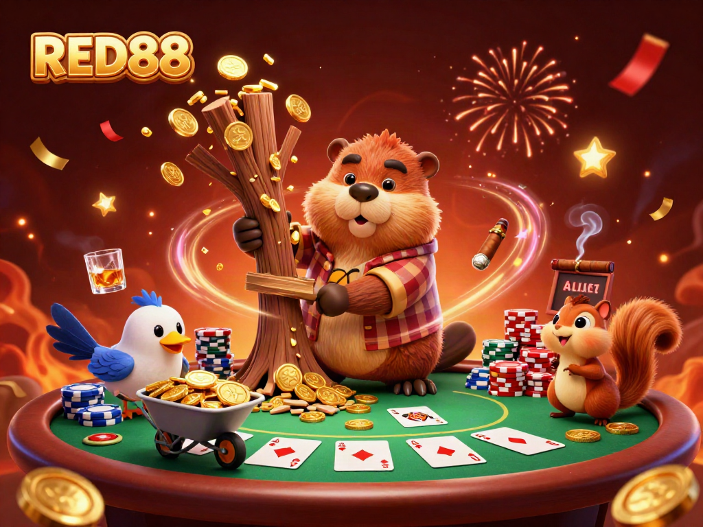 Celebrate wins at RED88 with golden coins raining from a tree, surrounded by lively poker elements.