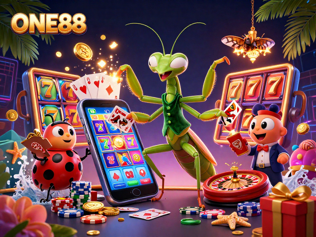 ONE88 showcases vibrant slot-themed action with a giant mantis and ladybug in a dynamic casino scene.