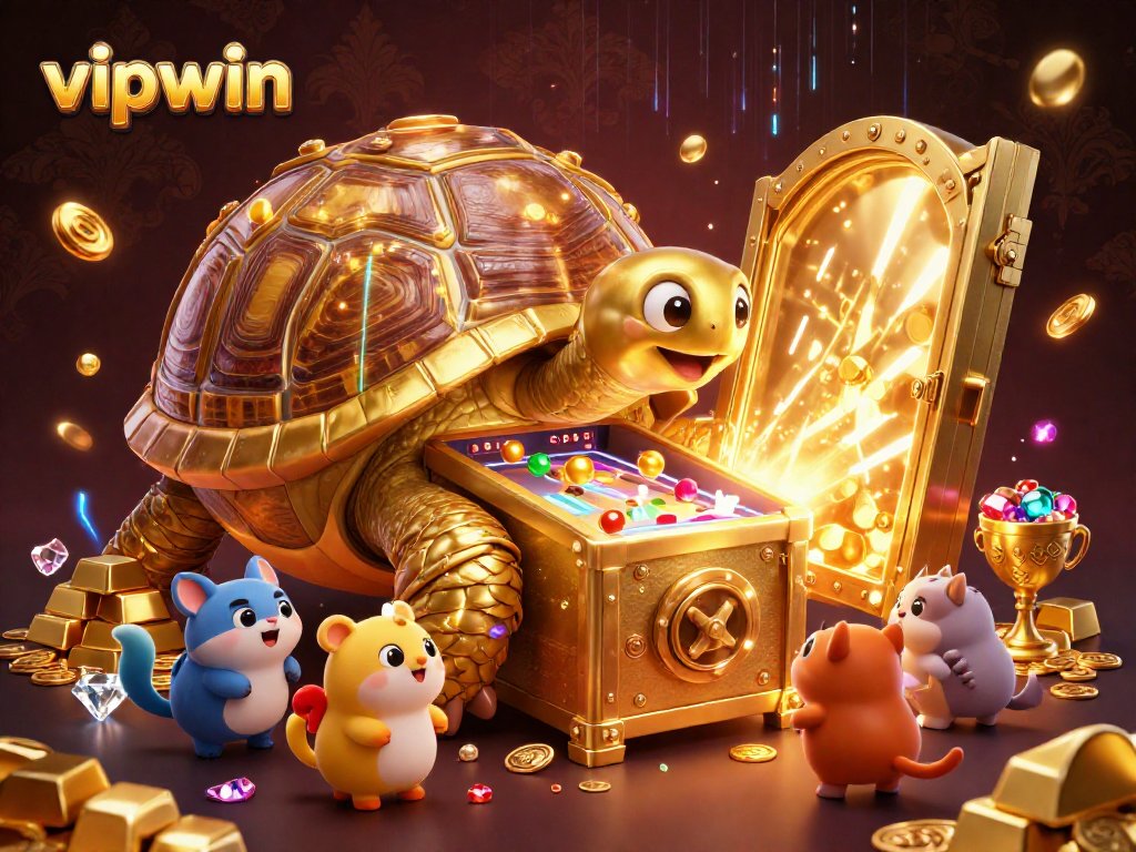 Play exciting games at vipwin with a colossal golden tortoise pinball machine surrounded by treasures.