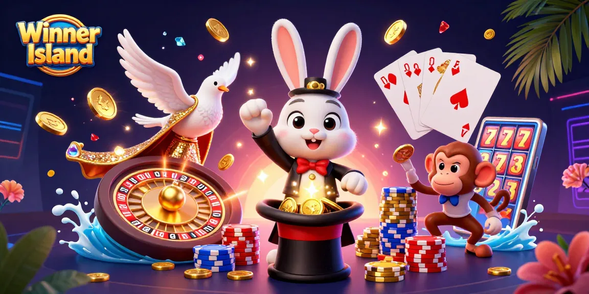 Winner Island entertains players with a vibrant casino scene featuring a magician rabbit, dove, and monkey.