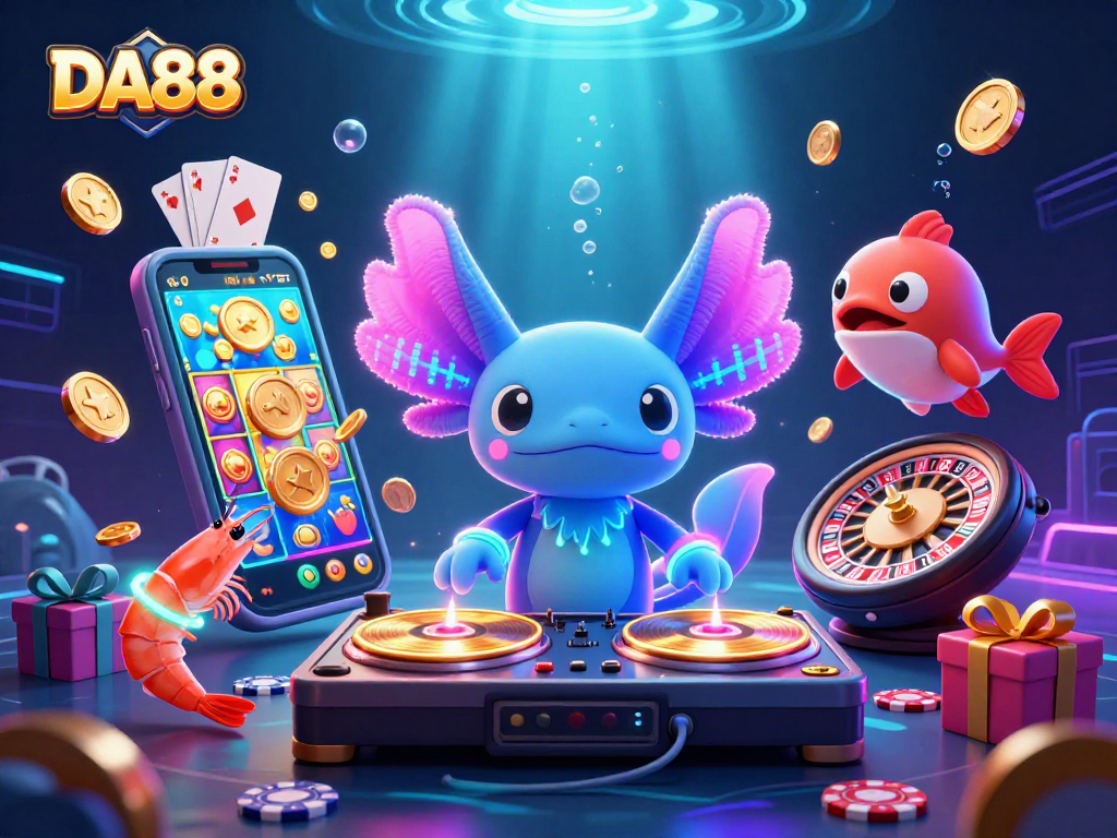 Engage with DA88's vibrant underwater casino scene featuring a DJ axolotl and lively sea creature dancers.