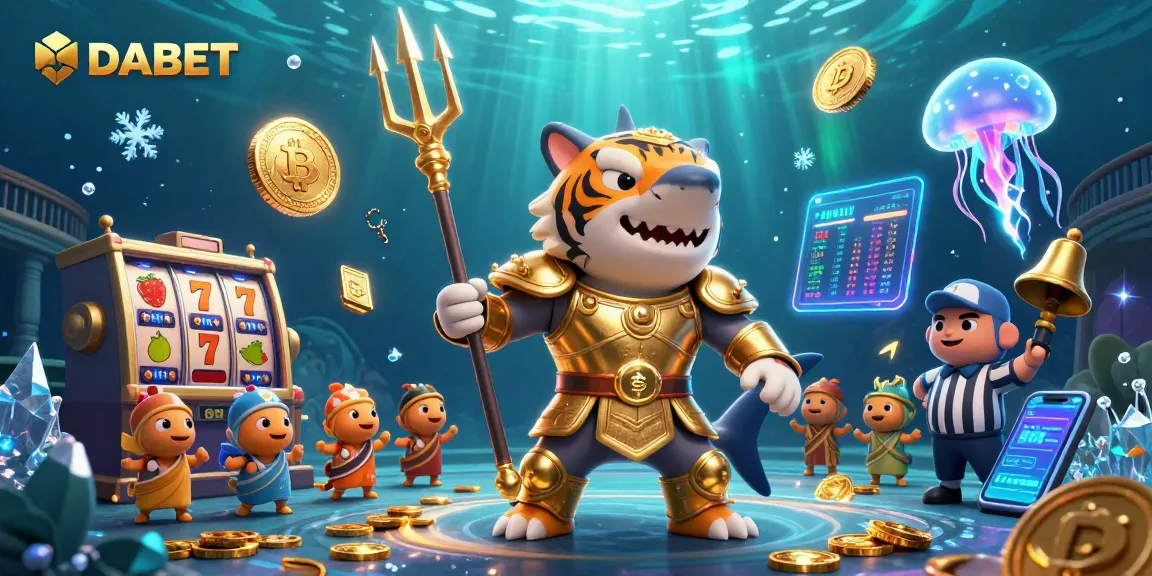 DABET showcases a vibrant underwater casino adventure featuring a shark in gladiator armor amidst dynamic game elements.