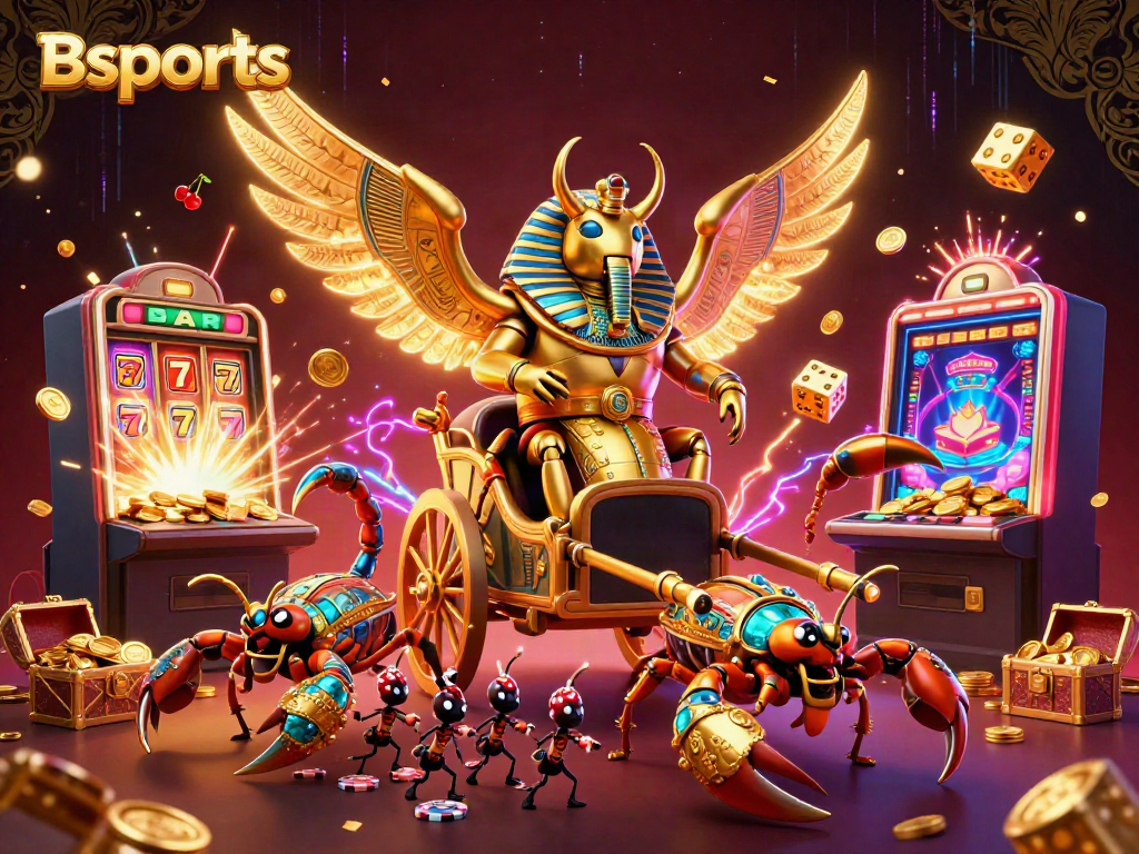 Experience the excitement of Bsports with a vibrant chariot scene featuring a golden scarab beetle and dynamic casino elements.