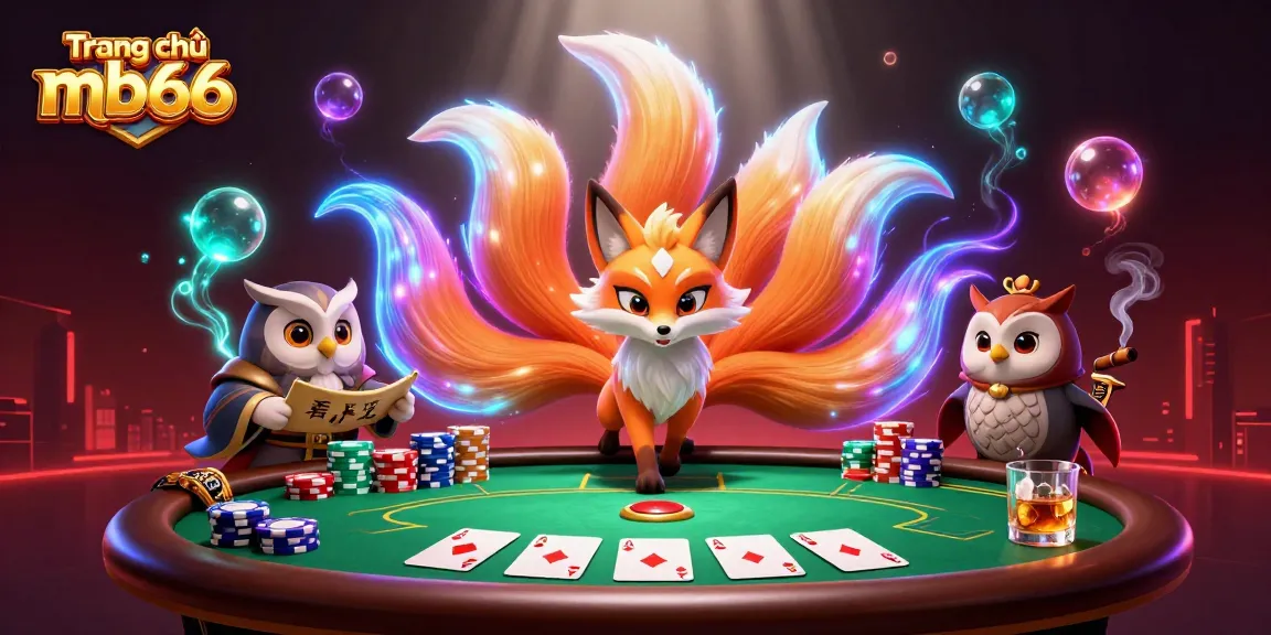 Engaging scene in Trang chủ mb66 showing a lively nine-tailed fox spirit and poker elements.