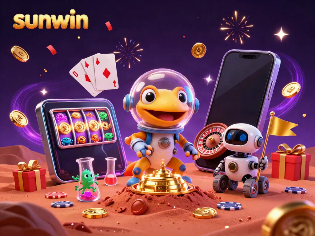 Experience the excitement of playing slots at sunwin with a cartoon Martian gecko discovering a golden casino on Mars.