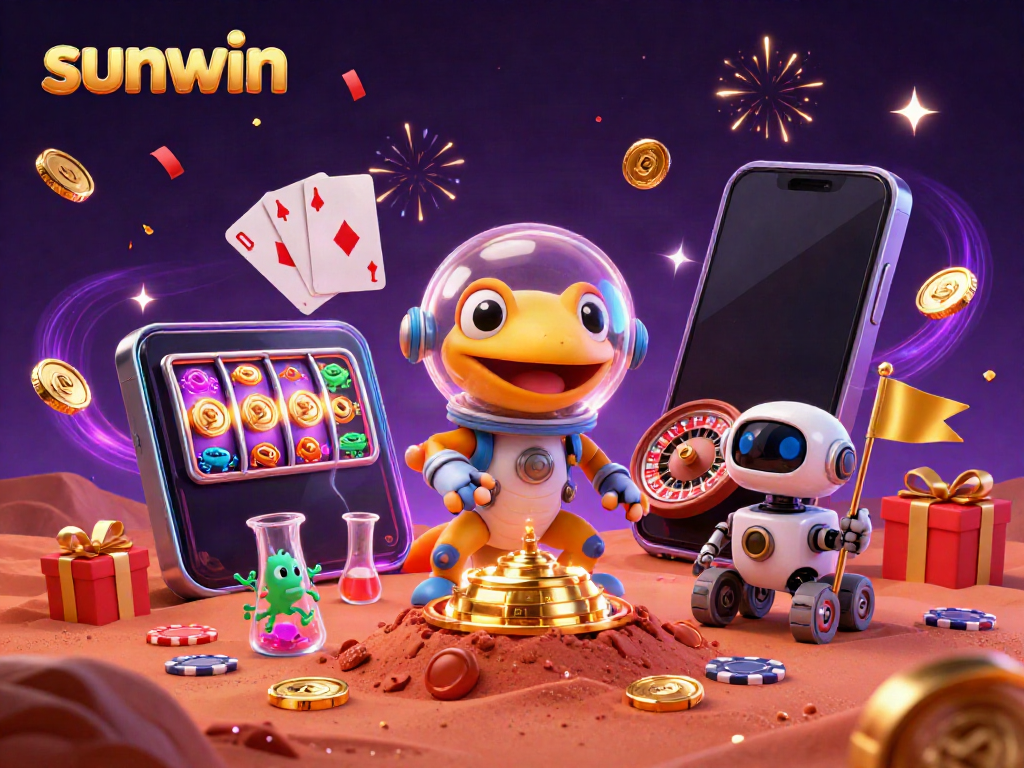 Experience the excitement of playing slots at sunwin with a cartoon Martian gecko discovering a golden casino on Mars.