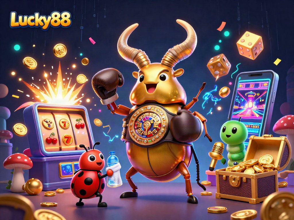 Experience epic wins on Lucky88 as the golden stag beetle battles, slot machine bursts coins and fireworks.