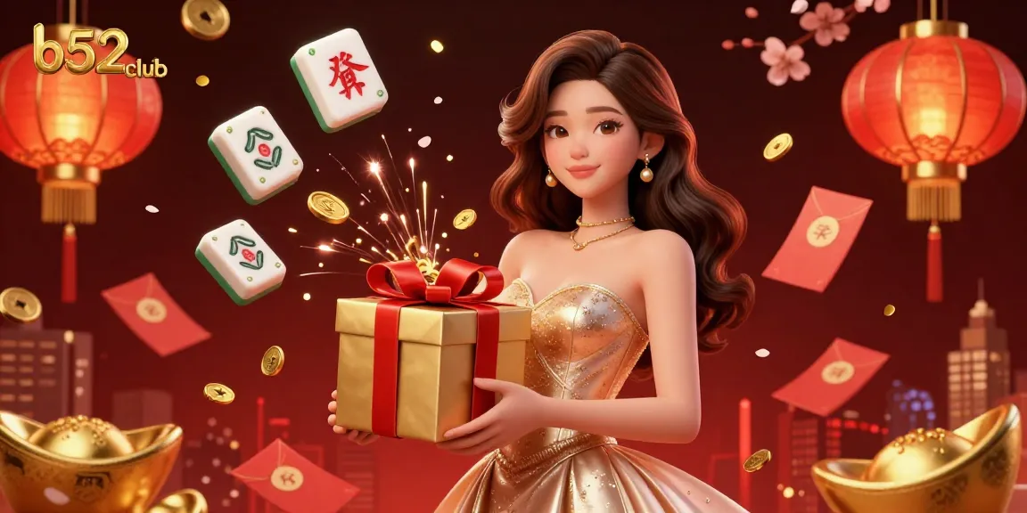 B52 Club celebrates with festive Lunar New Year elements, golden coins, and engaging game symbols, promoting exciting gameplay.