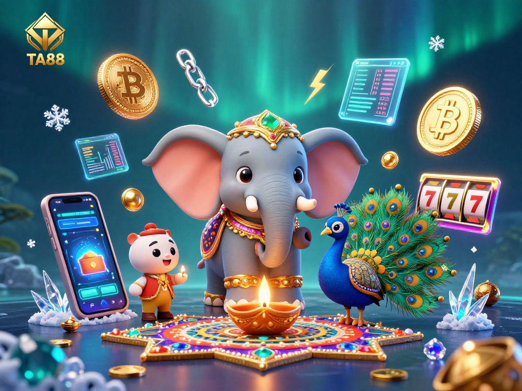 Win big with TA88 in a vibrant casino scene featuring a Diwali-themed elephant and crypto elements.