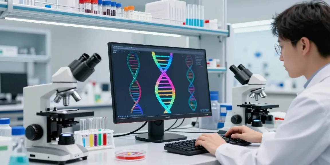 Researcher studying h19 gene sequences in a modern laboratory setting.