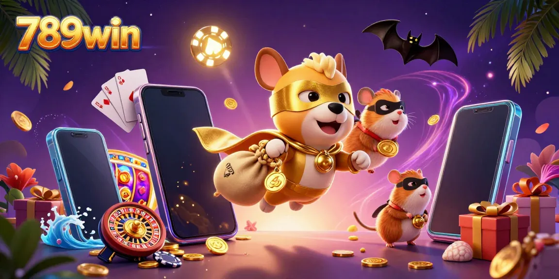 Experience thrilling action with 789win: a superhero dog flying and dropping gold coins amidst slot games and poker elements.