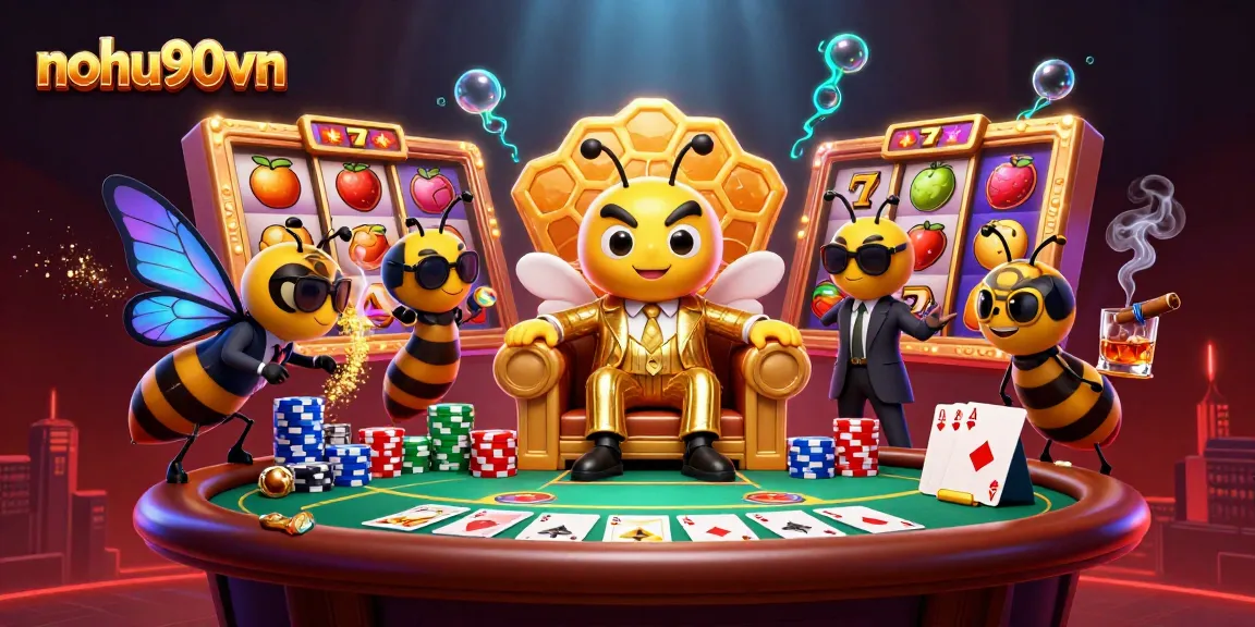 Nohu90vn showcases a vibrant 3D casino scene with slots and a cartoon mob boss.
