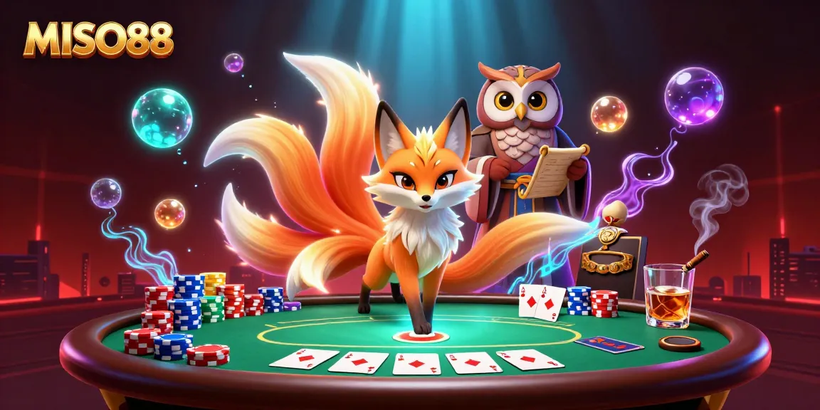 MISO88 casino scene showcasing a vibrant nine-tailed fox with glowing tails and a wise owl, filled with poker elements.