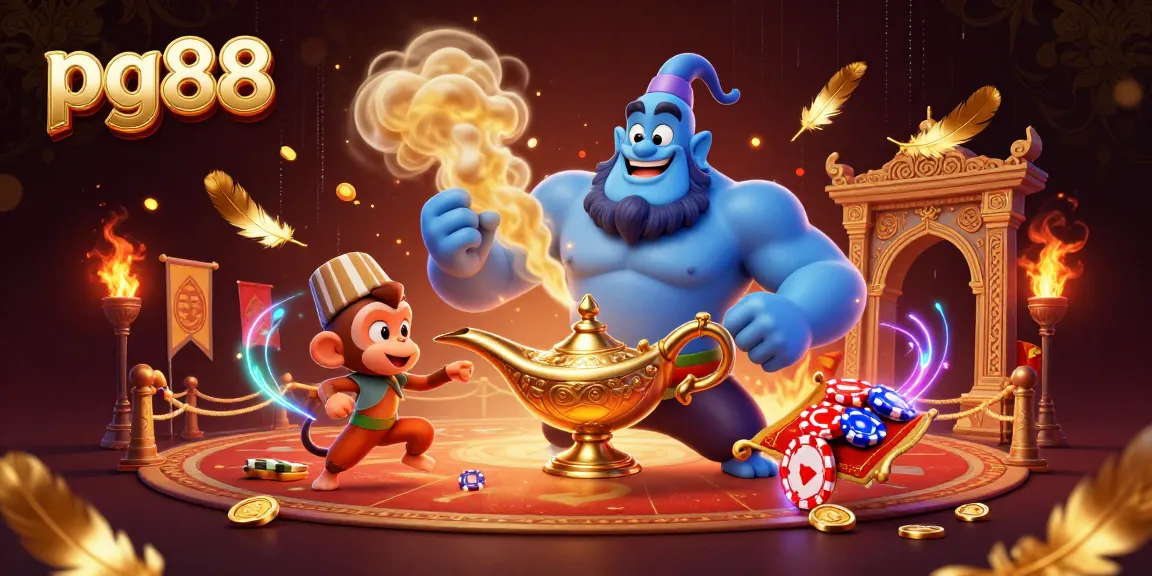 Engage with pg88's magical casino adventure featuring poker chips, gold coins, and a genie.