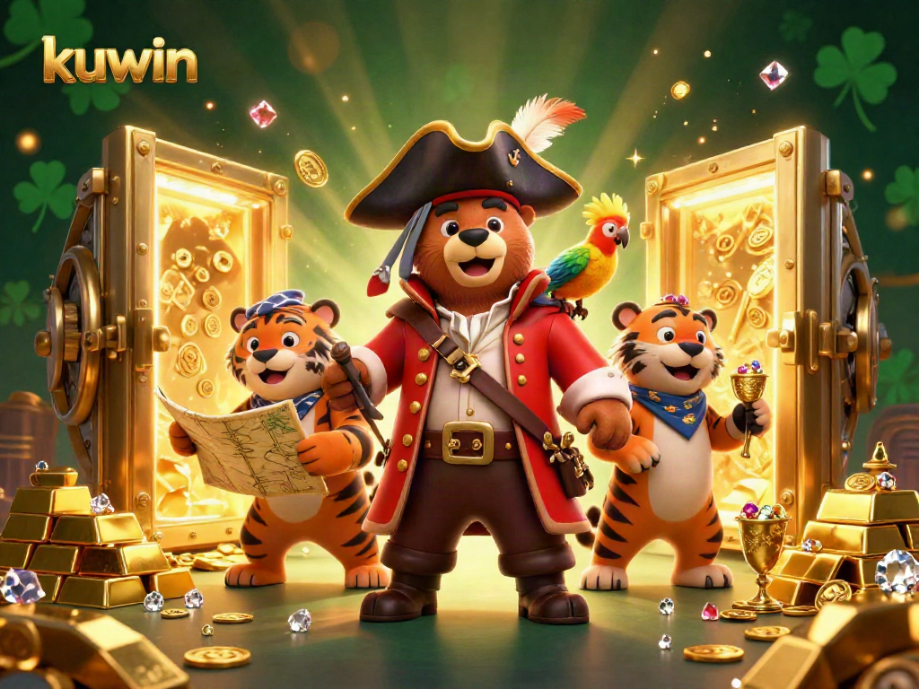 Experience thrilling adventures with kuwin, featuring a pirate bear, tiger, and dazzling treasure in a dynamic casino scene.