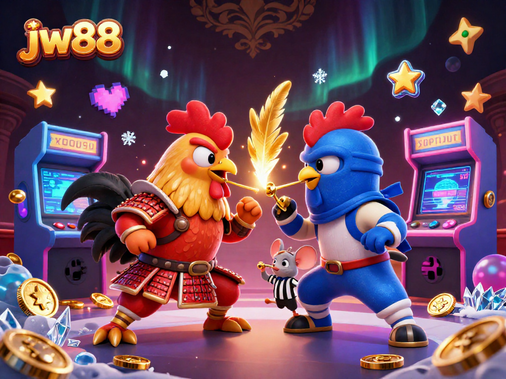 Experience thrilling action at jw88 with cartoon fighting roosters in a vibrant casino scene.
