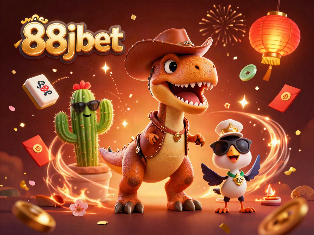 Experience gaming excitement with 88jbet as a cowboy dinosaur and friends celebrate vibrant wins.