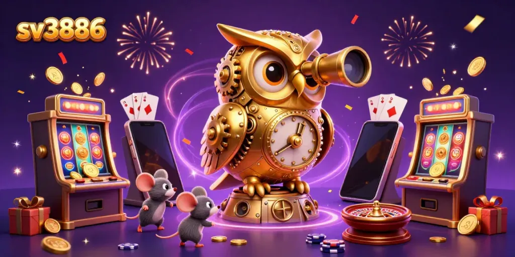 Experience dynamic play at sv3886 with an enchanting owl overlooking a vibrant casino scene.