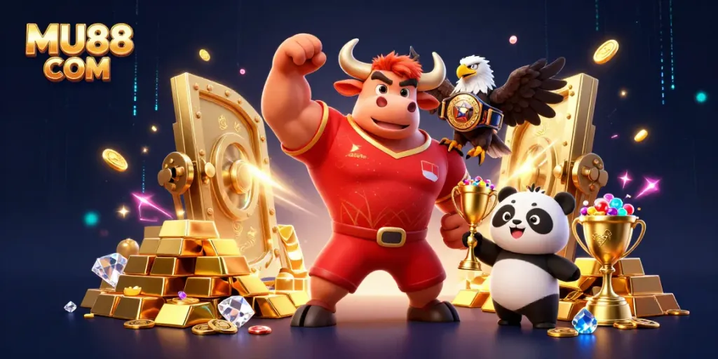 Experience the thrill of wins at MU88 COM through our vibrant 3D casino scene featuring a triumphant bull mascot, an eagle, and a panda highlighting treasures.