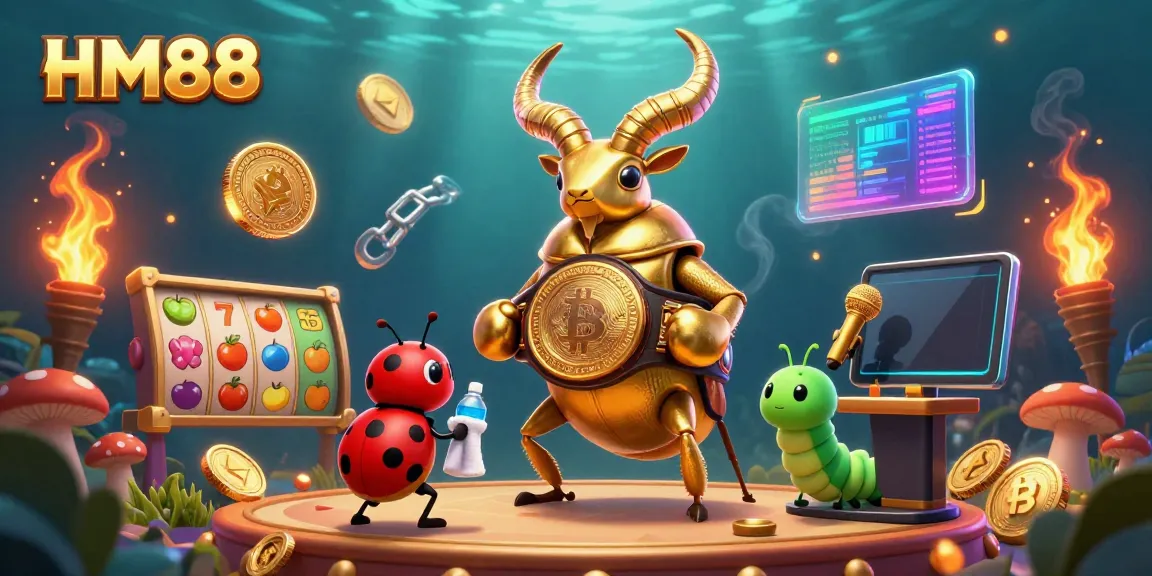 HM88 showcases a vibrant scene of a giant golden stag beetle in a boxing belt, surrounded by dynamic casino game elements.