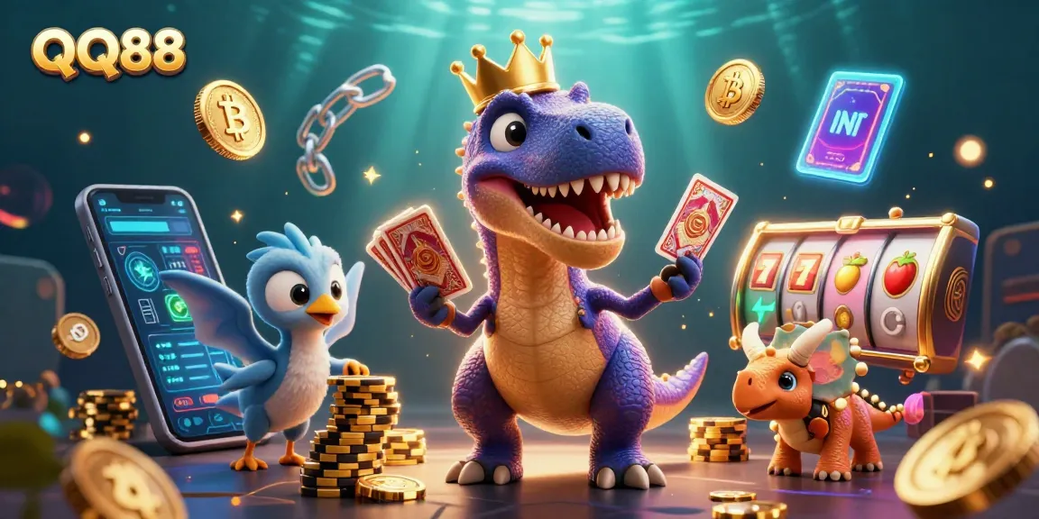 Engage with QQ88's lively casino scene featuring a T-Rex and friends in action.