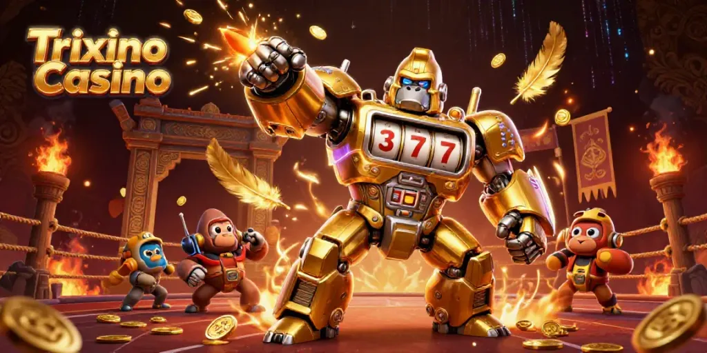 Experience vibrant action at Trixino Casino with a dynamic gorilla mech and explosive gaming elements.