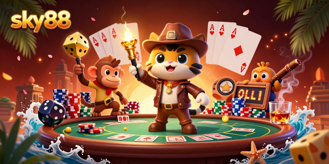 Engage with the sky88 experience, where an explorer cat finds casino treasures amidst dynamic gaming elements.
