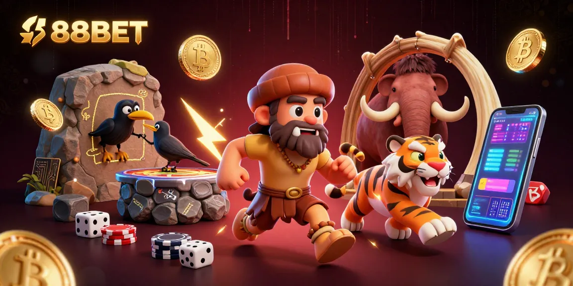 Experience the thrilling gaming atmosphere at 88BBET's prehistoric casino with cavemen and crypto.