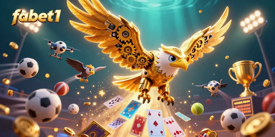 Experience fabet1's engaging gambling scene with an eagle diving through holographic cards and sports elements.