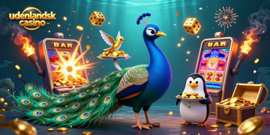 Experience entertainment at udenlandsk casino with a vivid 3D scene showcasing vibrant gaming elements.