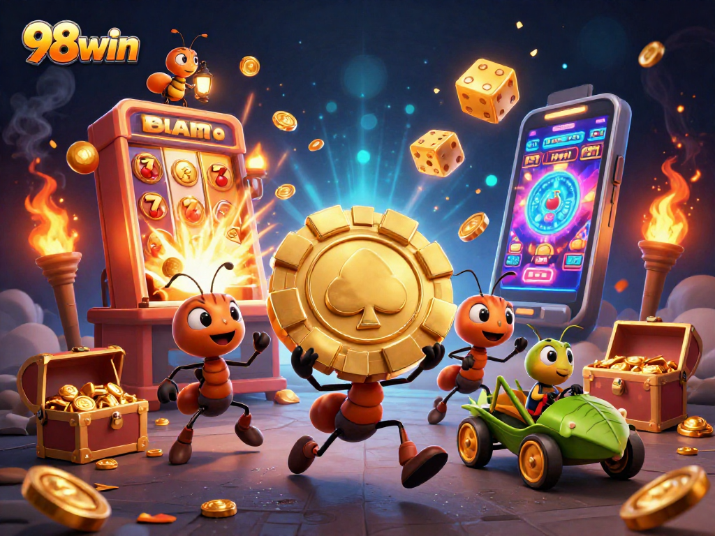 Engage with thrilling 98win adventures as ants carry a giant poker chip amid a dazzling casino scene.