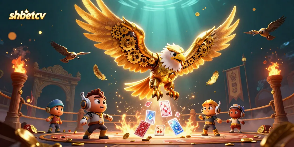 Engage with shbetcv as the cybernetic eagle dives through colorful playing cards in a vibrant casino scene.
