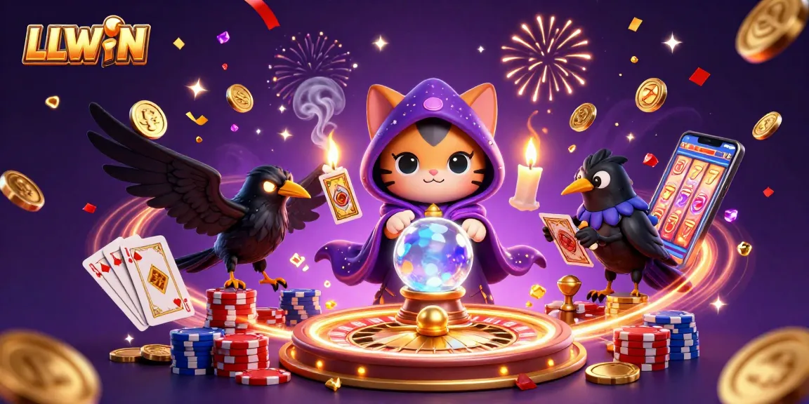 LLWIN's vibrant gaming scene showcases a mystical cat fortune teller and a tarot raven among casino elements.
