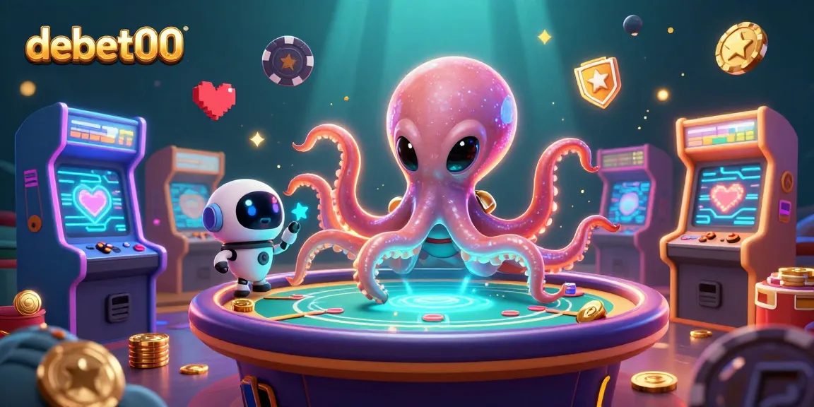 Experience interactive gameplay at debet00 with a vibrant casino-themed 3D illustration featuring an alien octopus.