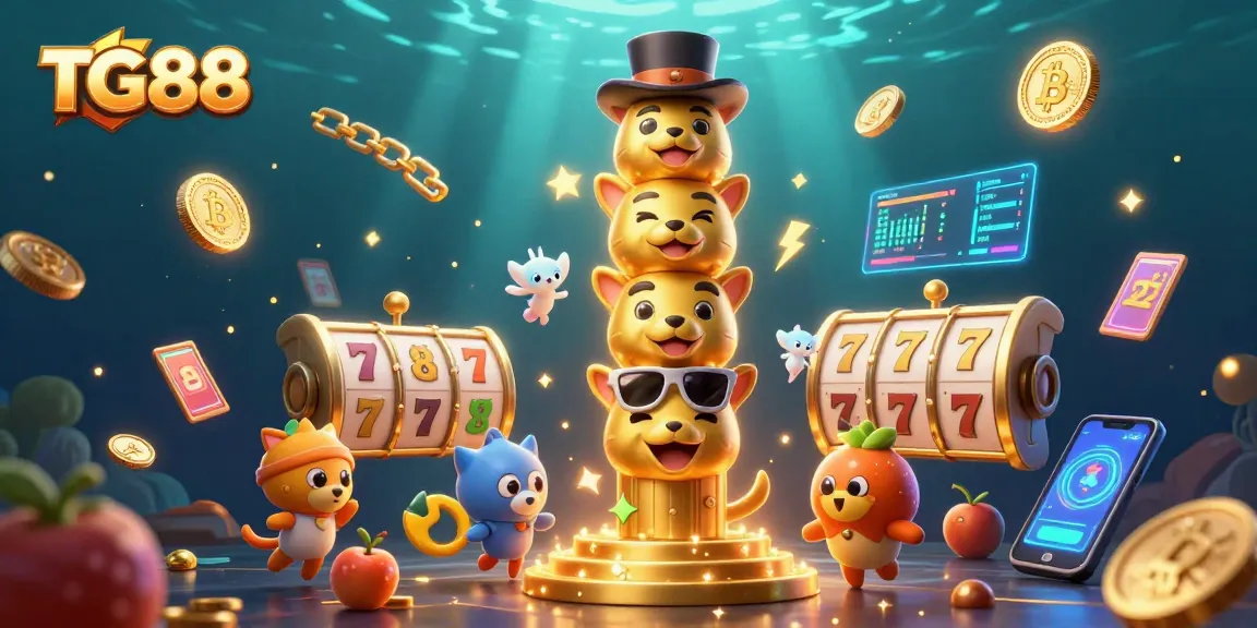 Spin the reels on TG88 with vibrant slot game elements and glowing cryptocurrency coins.